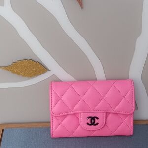 💝 CHANEL Pink Quilted Lambskin Flap Card Holder EUC